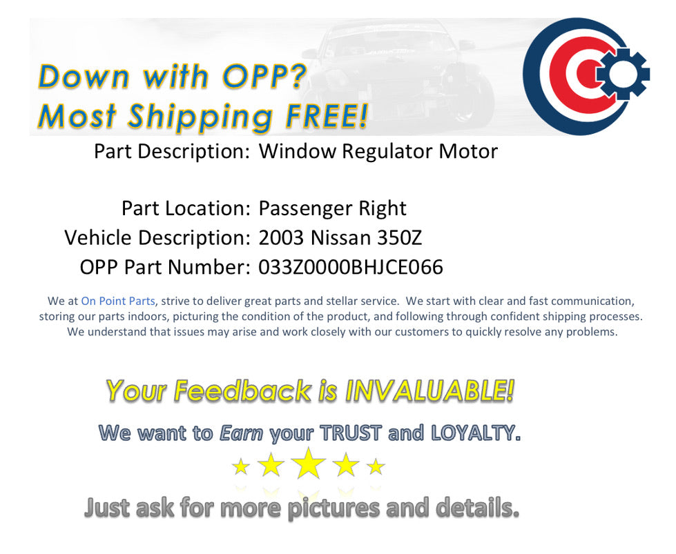 2003 Nissan 350Z Passenger Right Window Regulator Motor OEM 12BHJCE - On Point Parts Inc