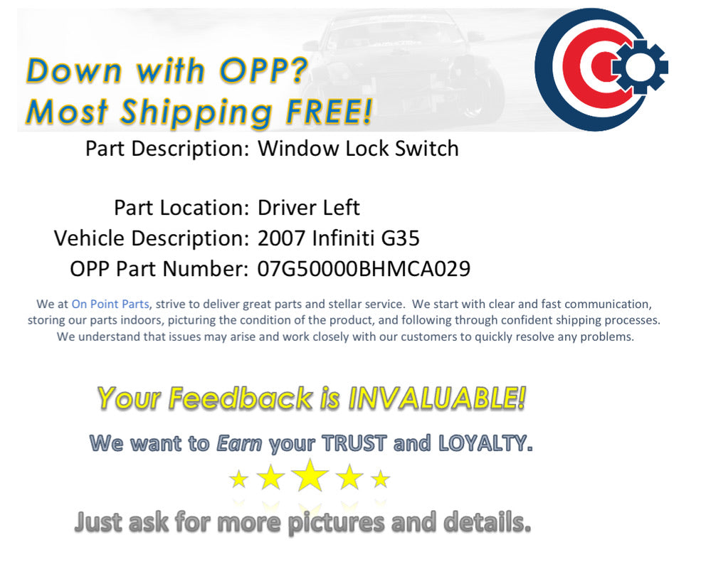 2007 Infiniti G35 Driver Left Master Window Lock Switch and Trim OEM 14BHMCA - On Point Parts Inc
