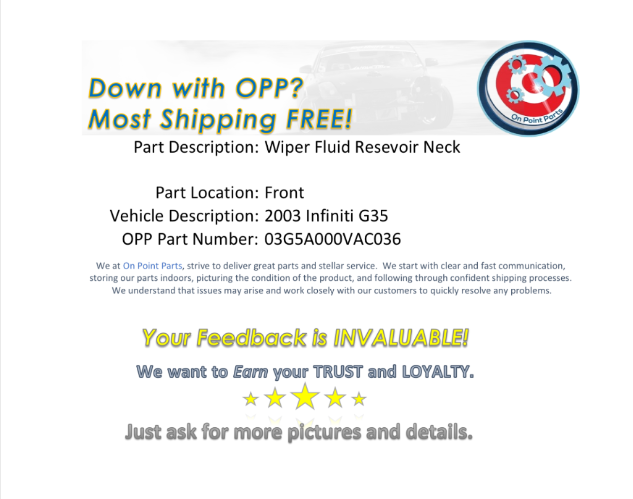 2003 Infiniti G35 Windshield Wiper Washer Fluid Fill Neck Tube OEM 5VAC - On Point Parts Inc
